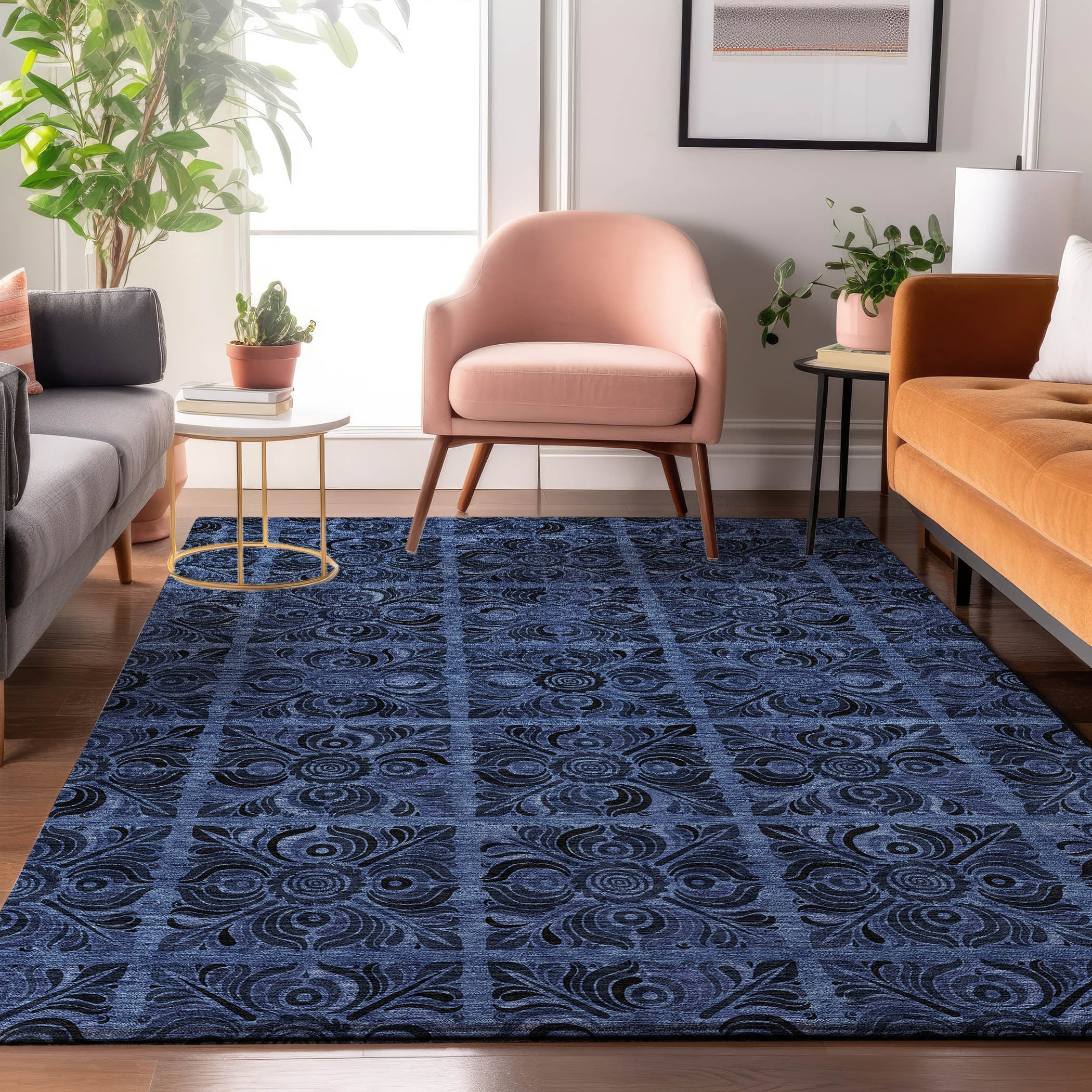 10' X 14' Denim Blue And Charcoal Medallion Washable Area Rug With UV Protection