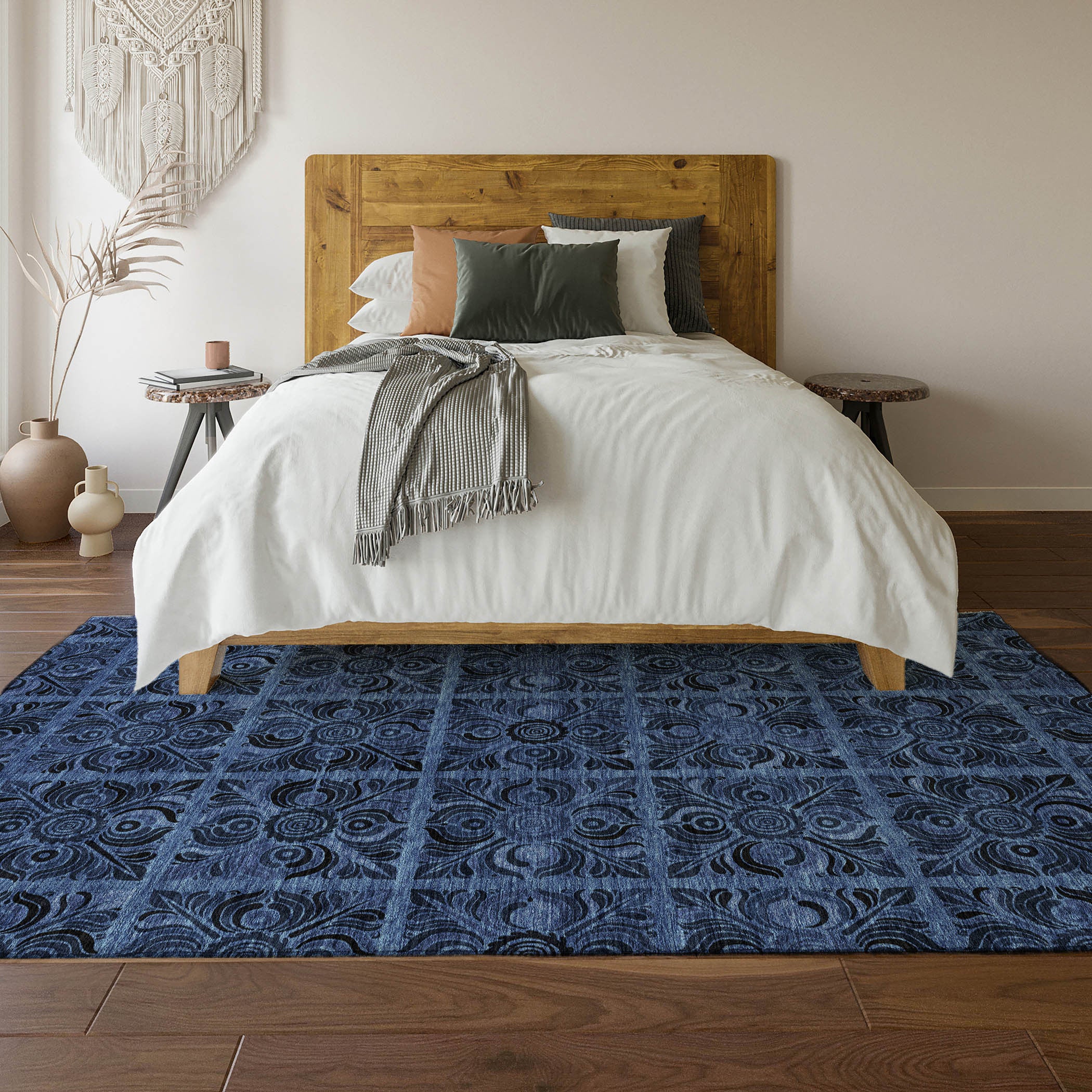 10' X 14' Denim Blue And Charcoal Medallion Washable Area Rug With UV Protection