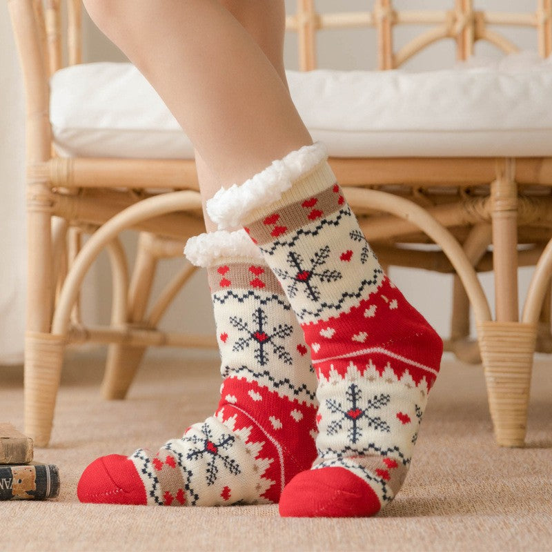 NNEDSZ Festive Plush Christmas Socks , Warm Winter Slipper Socks with Snowflake Pattern, Non-slip floor socks Red Snowflake